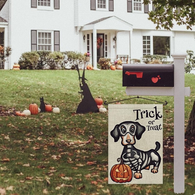 Decorhua Halloween Trick or Treat Garden Flag Ghost Dog 12x18 Inch Small Double Sided Burlap Welcome Yard Dachshund Skeleton Outside Decorations DF342 - Image 3